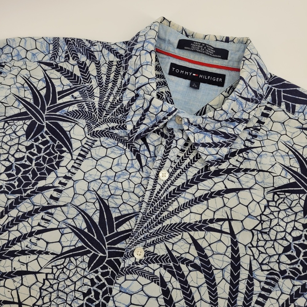 Tommy Hilfiger Mens LG Blue White Pineapple Palm Print Cotton Button Down Shirt